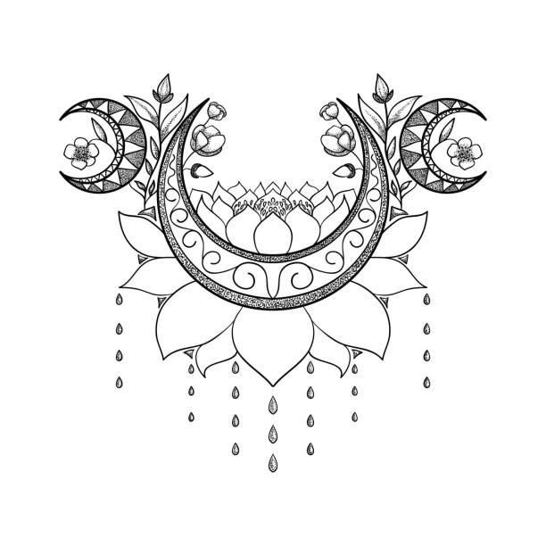 vektor handgezeichneten tattoo-design. crescent moon, lotus und blumen komposition. heiliges thema - lotusblume tattoo stock-grafiken, -clipart, -cartoons und -symbole