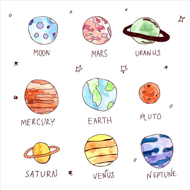 ilustrações de stock, clip art, desenhos animados e ícones de vector hand drawn watercolor planets collection. - neptun planet