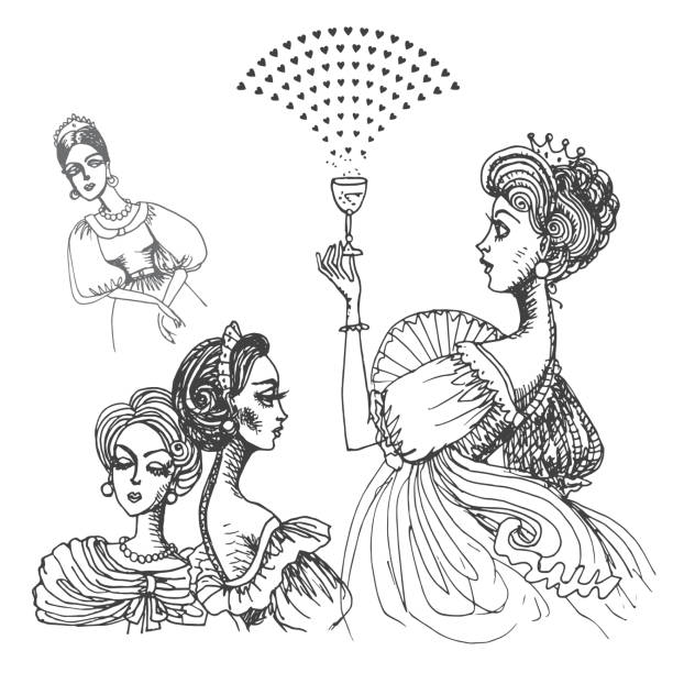 wektor ręcznie rysowane kobiety z koroną księżniczki izolowane na białym tle. czarno-biały szkic monochromatyczny, strona kolorowanki dla dorosłych i dzieci, nadruk koszuli, kartka z życzeniami walentynkowa - curley cup stock illustrations