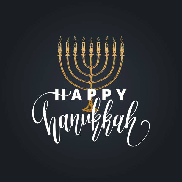 Vector hand lettering Happy Hanukkah illustration. Festive poster, greeting card template with Menorah sketch. Vector hand lettering Happy Hanukkah illustration. Festive poster, greeting card template with Menorah sketch happy hanukkah stock illustrations