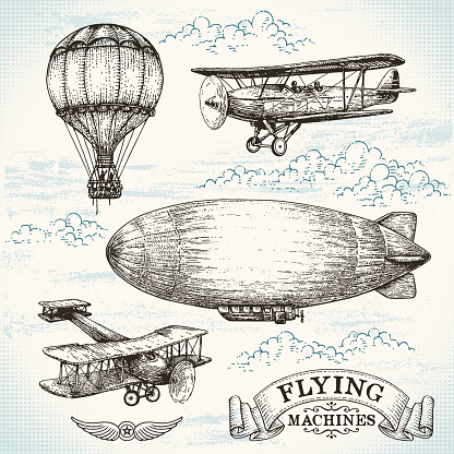 A hand-drawn illustration of four vintage flying machines.  All the images are drawn with black ink and include a great deal of shading and texture.  In the upper left corner is a hot air balloon with two people in the basket.  In the upper right is a biplane with a propeller and fixed landing gear with a horizontal stabilizer.  In the center of the image is a zeppelin headed toward the left.  In the bottom left corner is an older biplane with a propeller, fixed landing gear and a box-type tail.  In the bottom right is the logo 