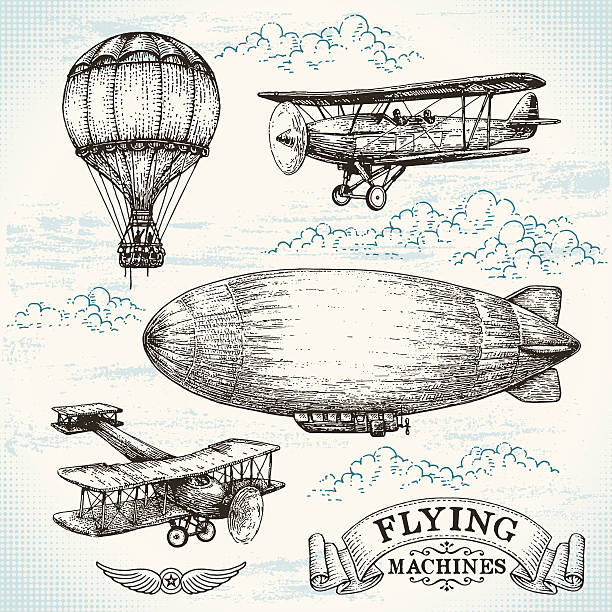 Vector hand-drawn vintage flying machines A hand-drawn illustration of four vintage flying machines.  All the images are drawn with black ink and include a great deal of shading and texture.  In the upper left corner is a hot air balloon with two people in the basket.  In the upper right is a biplane with a propeller and fixed landing gear with a horizontal stabilizer.  In the center of the image is a zeppelin headed toward the left.  In the bottom left corner is an older biplane with a propeller, fixed landing gear and a box-type tail.  In the bottom right is the logo "Flying machines" set in and around a banner. airplane borders stock illustrations