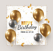 Vector happy birthday illustration with 3d realistic golden and silver air balloon on white background with text and glitter confetti. Holiday design for greeting card, party poster, invitation