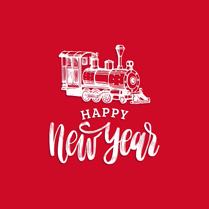Vector Happy New Year hand lettering with toy train illustration on red background.Festive typography for greeting card.