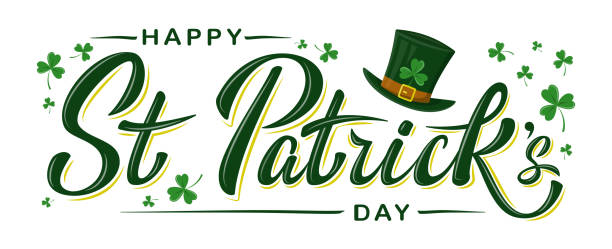 Vector Happy St Patrick's Day logotype. Vector Happy St Patrick's Day logotype. Hand sketched Irish celebration design with Leprechaun`s green hat and clover leaves isolated on white background. For greeting card, banner, flyer, poster. st patricks day stock illustrations