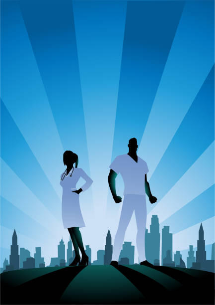 Vector Healthcare Workers Couple Silhouette Stock Illustration A silhouette style vector illustration of couple of healthcare workers with city skyline in the background. Wide space available for your copy. doctor silhouettes stock illustrations
