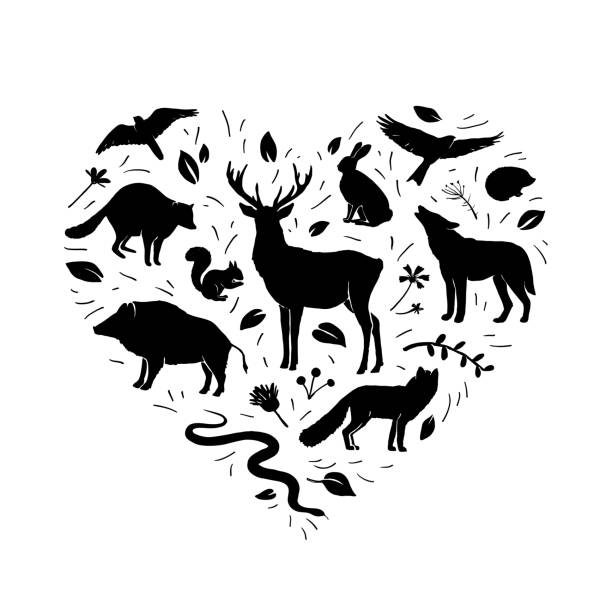 Vector heart shape with animals silhouettes and herbs on white. Flat wild animals silhouettes in green color Vector heart shape with animals silhouettes and herbs on white. Flat wild animals silhouettes in green color. Design for t-shirt print, cover, poster, banner, card pig borders stock illustrations