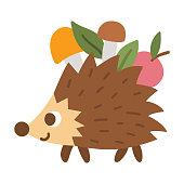 Vector hedgehog carrying mushrooms and apple. Funny woodland animal icon. Cute forest illustration for kids isolated on white background.