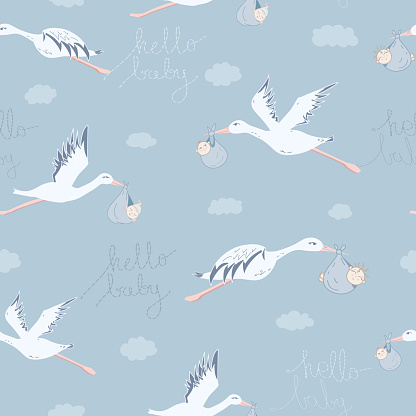 Vector Hello Baby on blue with Clouds seamless pattern background.