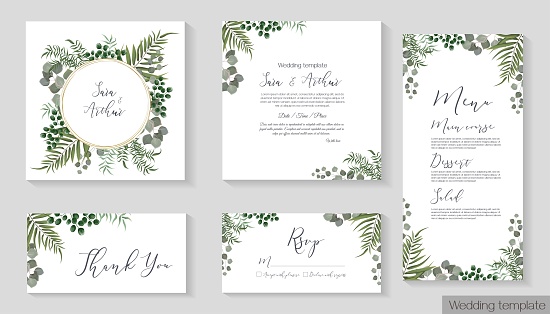 Vector herbal wedding invitation template. Different herbs, green plants and leaves, unripe berries, round gold frame. All elements can be isolated.