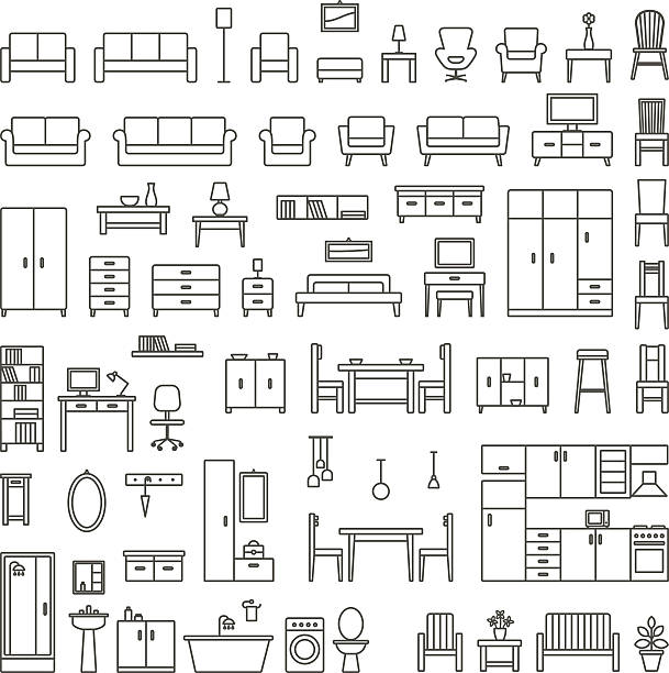 Vector home furniture outline icons set 1 Vector home furniture outline icons set. kitchen clipart stock illustrations