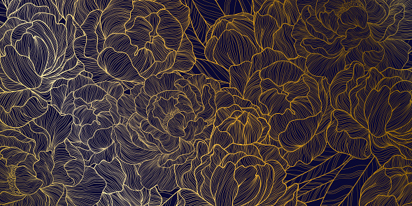 Vector horizontal background with gold line art hand drawn peonies flowers and leaves on classic blue background. Romantic design for natural cosmetics, perfume, women products. Can be used as greeting card or wedding invitation
