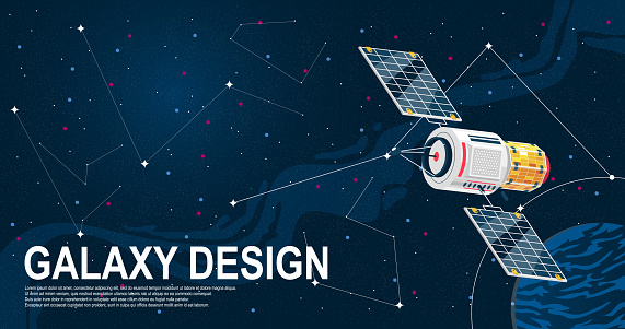 Vector horizontal banner design in space style with planet, stars, detailed satellite