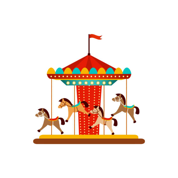 vector horse carousel, amusement park objects vector flat amusement park concept. Merry go round, Funfair carnival vintage flying horse carousel colored icon. Isolated illustration on a white background. carousel horses stock illustrations
