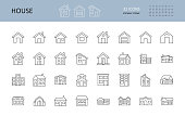 Vector house icons. Editable Stroke. The buildings are one and two-story, with a garage, a chimney. Door windows.