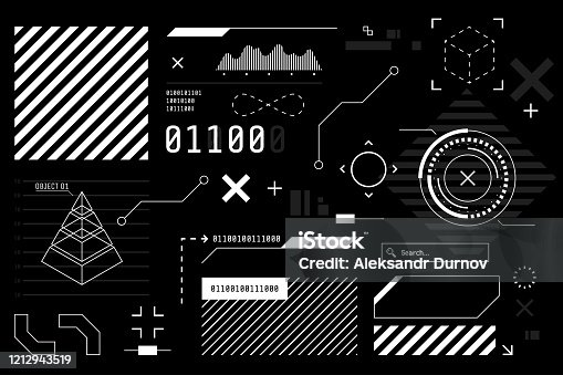 istock Vector HUD graphic in futuristic style. High tech interface elements for your design. Digital touch screen. Sci-fi user interface builder collection. Black and white colors. Vector illustration. 1212943519