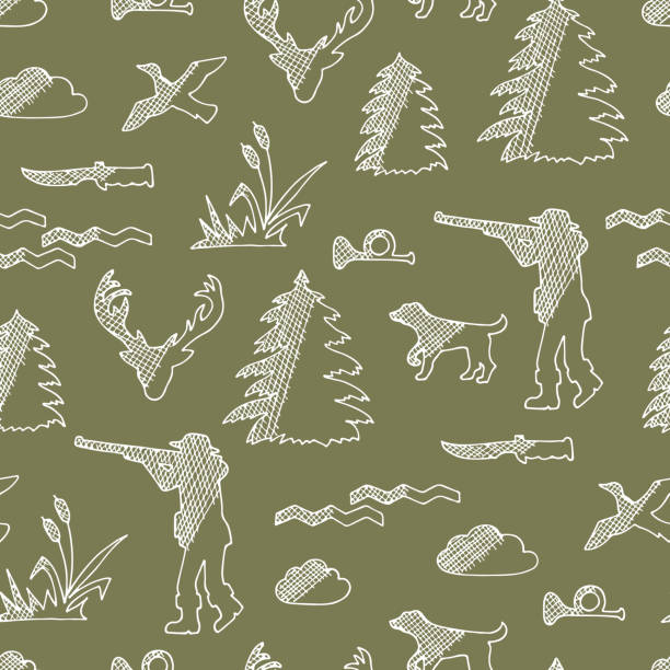 bildbanksillustrationer, clip art samt tecknat material och ikoner med vector hunting seamless pattern - hand drawn doodle hunting illustration - roe deer