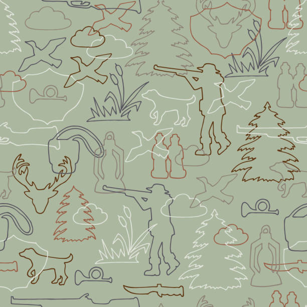 bildbanksillustrationer, clip art samt tecknat material och ikoner med vector hunting seamless pattern - hand drawn doodle hunting illustration - roe deer