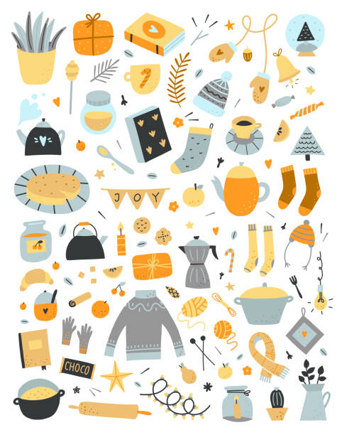 Vector Hygge elements set on white background. Cute scandinavian lifestyle cozy objects for home and winter holidays celebration. Big doodle collection with interior symbols and kitchen equipment Vector Hygge elements set on white background. Cute scandinavian lifestyle cozy objects for home and winter holidays celebration. Big doodle collection with interior symbols and kitchen equipment hygge stock illustrations