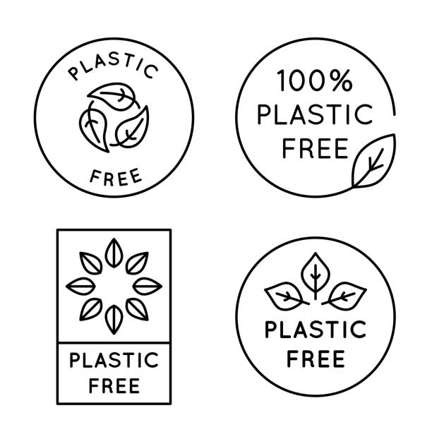 stockillustraties, clipart, cartoons en iconen met vector pictogram en logo ontwerpsjabloon in eenvoudige lineaire stijl-100% plastic gratis - gerecycled materiaal