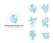 Vector icon and logo peace and charity. Editable outline stroke size. Line flat contour, thin and linear design. Simple icons. Concept illustration. Sign, symbol, element.