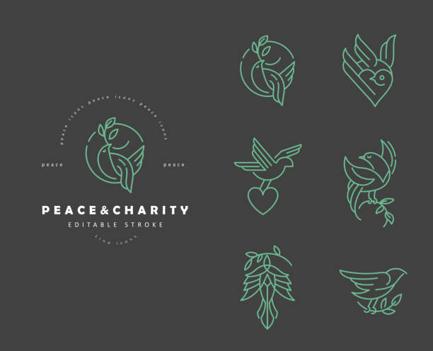 Vector icon and logo peace and charity. Editable outline stroke Vector icon and logo peace and charity. Editable outline stroke size. Line flat contour, thin and linear design. Simple icons. Concept illustration. Sign, symbol, element. bird icons stock illustrations
