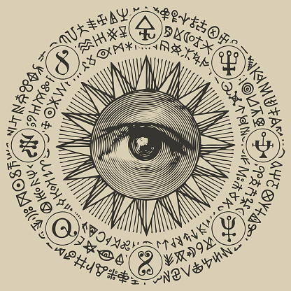 Vector banner with an all-seeing eye inside the sun, esoteric signs, magic runes, alchemical and masonic symbols written in a circle. Decorative hand-drawn illustration in retro style