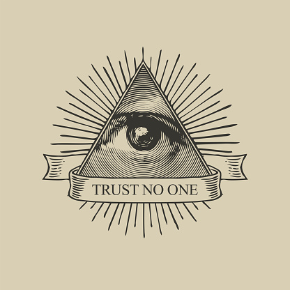 The eye of Providence in a triangular pyramid and the inscription Trust no one. Monochrome icon of the Masonic sign of the All-Seeing Eye of God on old paper background. Vector banner in vintage style