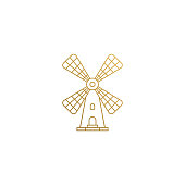 Simple vector illustration of outline graphic logo design template of traditional windmill for agricultural industry hand drawn with golden lines