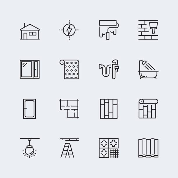 Vector icon set of home decorating,overhaul and repair in thin line style Vector icon set of home decorating,overhaul and repair in thin line style window symbols stock illustrations