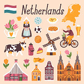 Vector icon set of Netherlands's symbols. Travel illustration with dutch landmarks, people,traditional holland food, building.