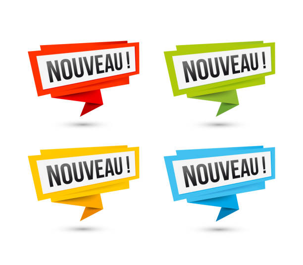 ilustraciones, imágenes clip art, dibujos animados e iconos de stock de vector iconos nuevos en francés - etiquetas de papel de origami - new