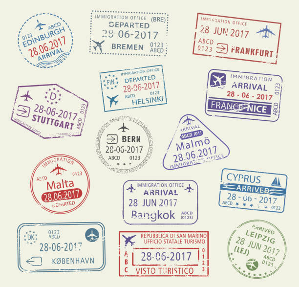 ilustrações de stock, clip art, desenhos animados e ícones de vector icons of city passport stamps world travel - malmo