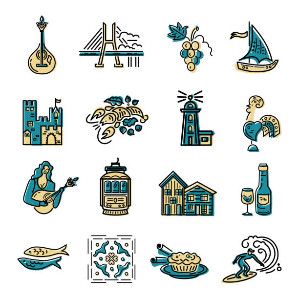 ilustrações de stock, clip art, desenhos animados e ícones de vector icons set of portugal symbols. - pastel de nata