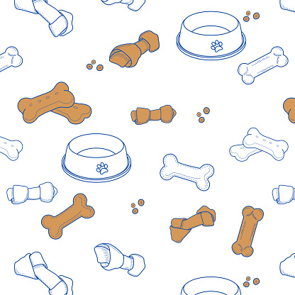Vector illustartion of dog biscuit and  a collection of  Raw Hide Bones.Seamless patterns