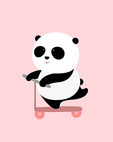 Vector Illustration: A cute cartoon giant panda is on a pink scooter, smiling.