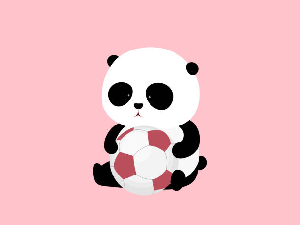 illustrations, cliparts, dessins animés et icônes de illustration vectorielle. un dessin animé mignon grand panda est assis par terre, tenant un soccer / football. - panda foot