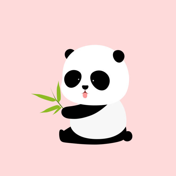 bildbanksillustrationer, clip art samt tecknat material och ikoner med vektorillustration: en gullig tecknad jättepanda sitter på marken, fast tunga ut, med en gren av bambublad - panda