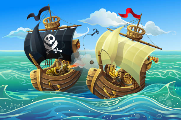 Vector illustration. A sea battle of wooden ships. Pirates ship. A sea battle of wooden ships. Attack of pirates on a merchant ship. Vector illustration. cannon artillery stock illustrations