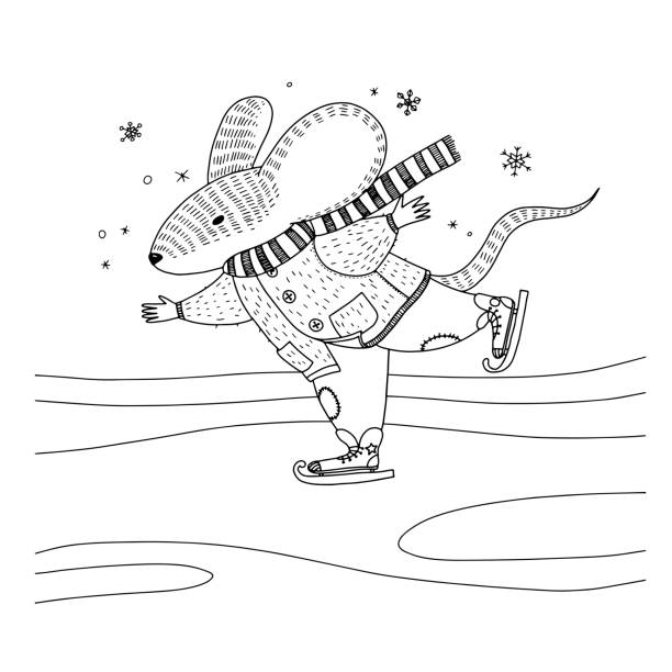 Vector illustration about a mouse in warm coat, scarf and pants is skating. Animal illustration for kids for coloring book Vector illustration about a mouse in warm coat, scarf and pants is skating. Animal illustration for kids for coloring book coloring book pages templates stock illustrations