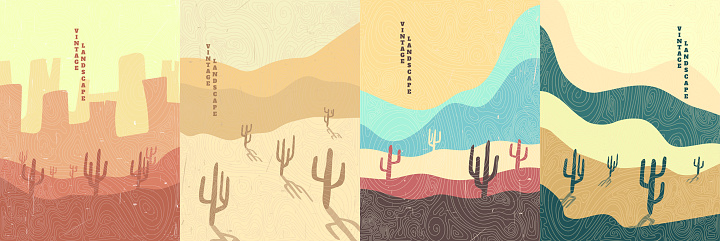 Vector illustration. Abstract landscape background. Hand drawn pattern design. Geometric template. Ornamental poster concept. Vintage art. 70s, 80s retro graphic. Wilderness. Cactuses and hills