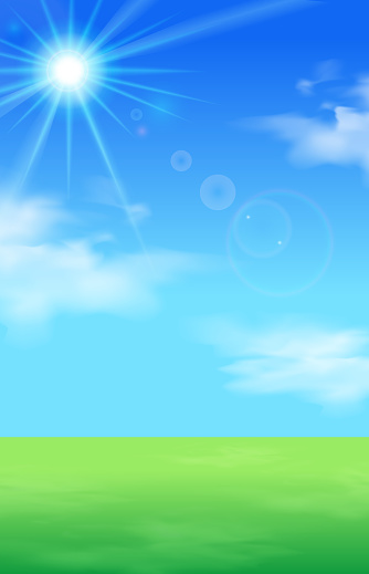 Vector illustration background of blue sky, clouds, lawn and sunlight (landscape)