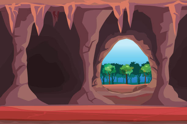 vektor-illustration hintergrund des höhleneingangs bei wald-illustration - tropfsteinhöhle stalagmiten stock-grafiken, -clipart, -cartoons und -symbole