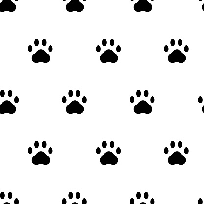 Vector illustration. Black-white seamless pattern. Black footprints of a wild animal in flat cartoon style. Cat paws. Contemporary art for print, promotional items.