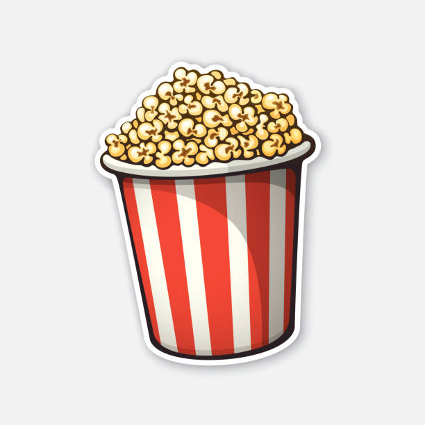 Vector illustration. Bucket full of popcorn. Red and white striped paper cup. Symbol of the film industry and TV watching Vector illustration. Bucket full of popcorn. Red and white striped paper cup. Symbol of the film industry and TV watching. Sticker with contour. Isolated on white background popcorn stock illustrations
