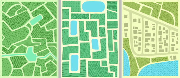 Vector illustration. Cartoon hand drawn style. Fields, lakes, buildings. Aerial view. Nature scene. Flat doodle concept. Design element for poster, book cover, magazine, flyer, postcard. Background Vector illustration. Cartoon hand drawn style. Fields, lakes, buildings. Aerial view. Nature scene. Flat doodle concept. Design element for poster, book cover, magazine, flyer, postcard. Background drone patterns stock illustrations