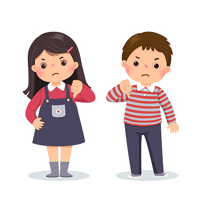 Vector illustration cartoon of a little boy and girl showing thumbs down with negative expression.