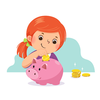 Vector illustration cartoon of a little girl putting coin into piggy bank.