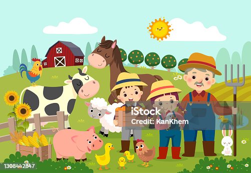 istock Vector illustration cartoon of happy farmer and kids with farm animals on the farm. 1308442847