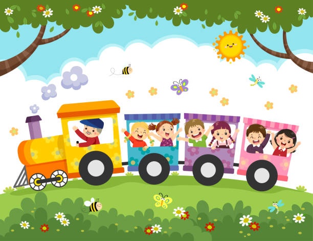 bildbanksillustrationer, clip art samt tecknat material och ikoner med vektor illustration tecknad film av glada barn med tåget. - friends riding